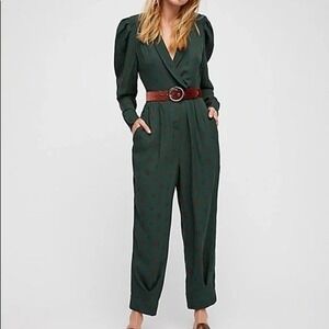 Free People Emerald Green Floral Puff‎ Sleeve Wrap Jumpsuit Women's XS
